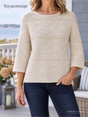 Soyaconcept Cream Diamond Cable Knit Sweater Women’s Small Relaxed Fit